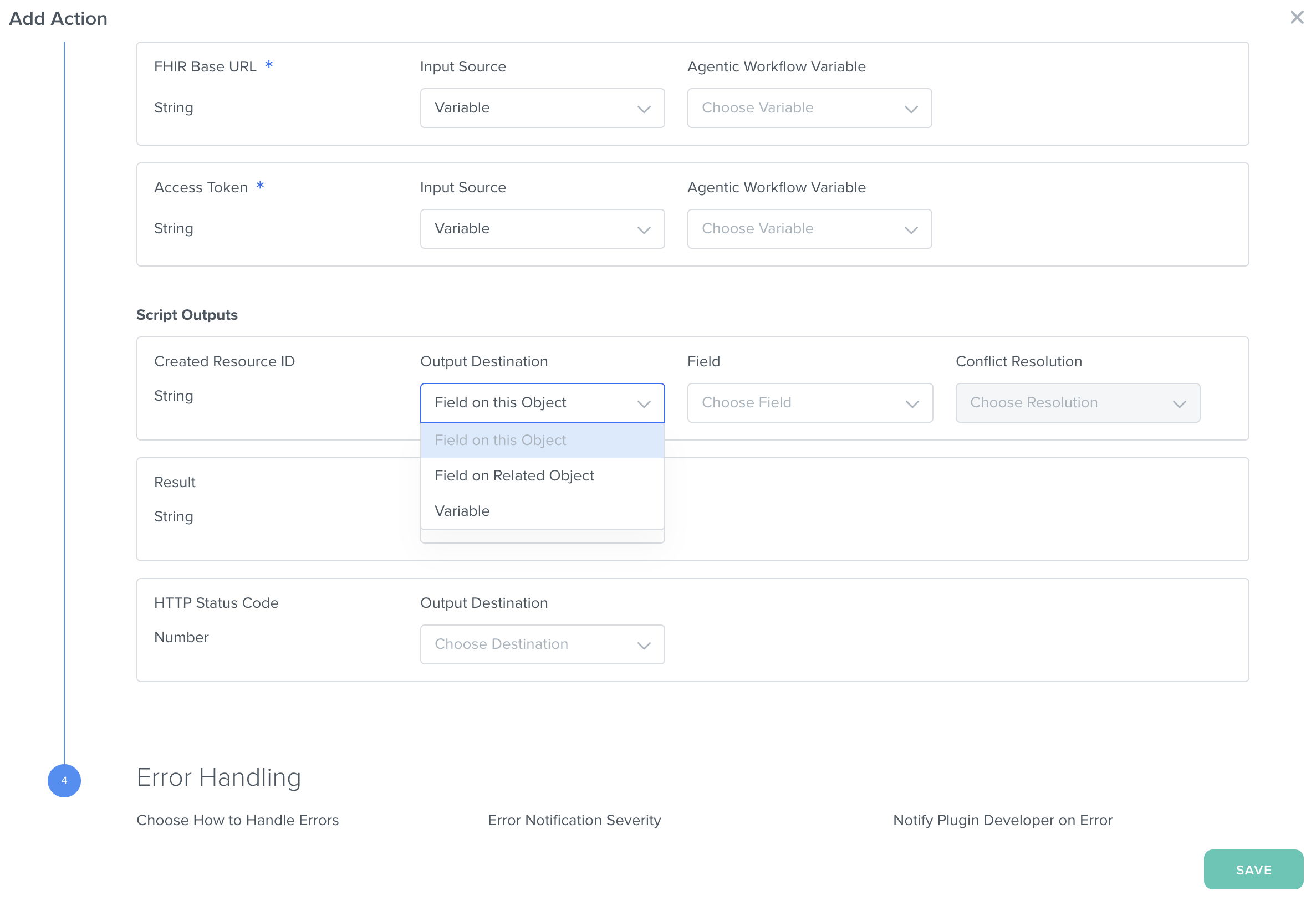 The script outputs for the FHIR Create action in the Add Action modal